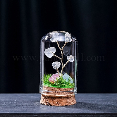 天然水晶表示装飾 ミニチュア植物 ガラスクローシュベルジャーテラリウムとコルクベース付き ツリー 30x57mm