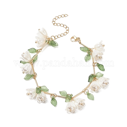 Shell Pearl Flower with Leaf Charm Bracelet with Bar Link Chains BJEW-TA00215-1