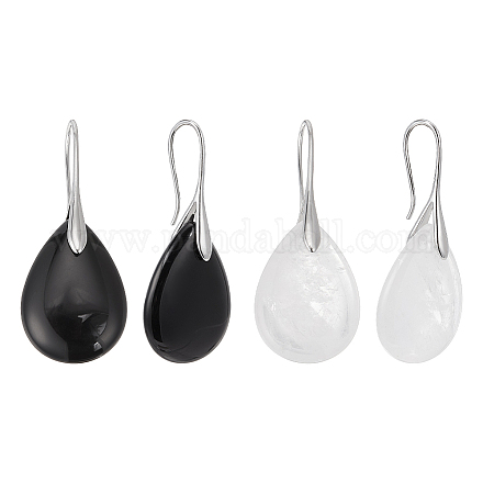 ANATTASOUL 2 Pairs 2 Style Natural Quartz Crystal & Black Agate Teardrop Dangle Earrings with Brass Pins for Women EJEW-AN0004-41-1