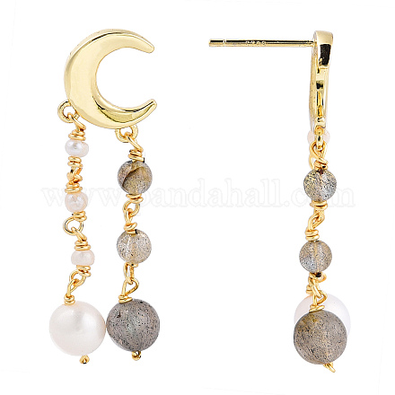 Natural Pearl & Sunstone Beaded Moon Tassel Dangle Stud Earrings EJEW-T019-02G-1