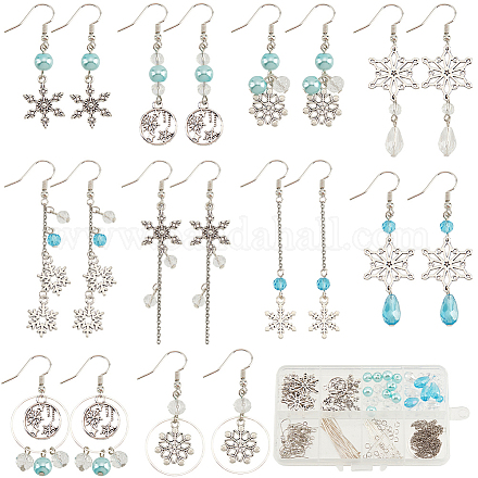 SUNNYCLUE 1 Box DIY 10 Pairs Christmas Charms Earrings Making Kit Antique Silver Snowflake Charms Winter Blue Faceted Glass Beads Linking Rings Dangle Earring Hooks for Jewelry Making Kits Adult DIY-SC0022-76-1