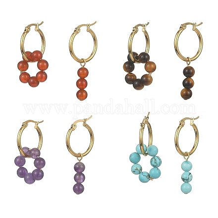 4 Pairs 4 Style NNatural & Synthetic Mixed Genstone Round Beaded Dangle Hoop Earrings EJEW-TA00296-1