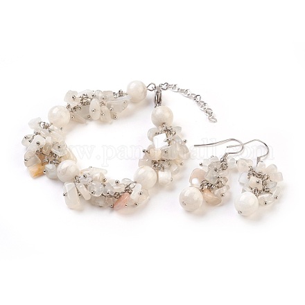 Natural White Moonstone Dangle Earrings and Bracelets Sets SJEW-JS00972-1