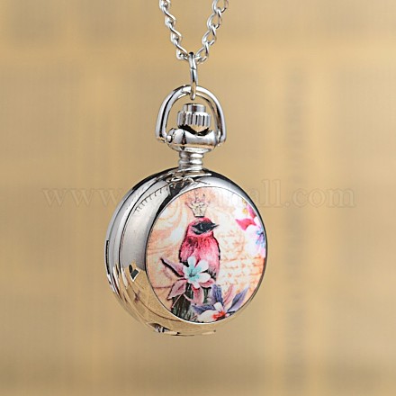 Flat Round Alloy Printed Glass Pocket Watch Pendant Necklaces WACH-H017-01B-1