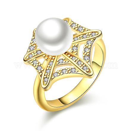 Real 18K Gold Plated Eco-Friendly Brass Round Shell Pearl Finger Rings RJEW-BB08114-7G-1