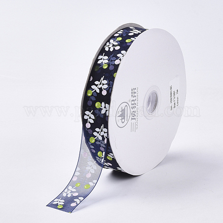 花柄プリントポリエステルオーガンジーリボン  プルシアンブルー  1インチ（25mm）  約100ヤード/ロール ORIB-Q034-01-1
