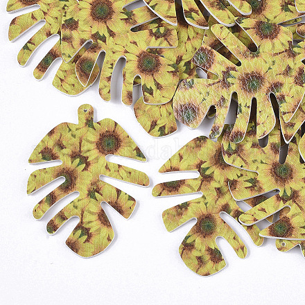 PUレザービッグペンダント  両面印刷  花柄  葉  淡いチソウ  55x43x2mm  穴：1mm FIND-TA0002-A17-1