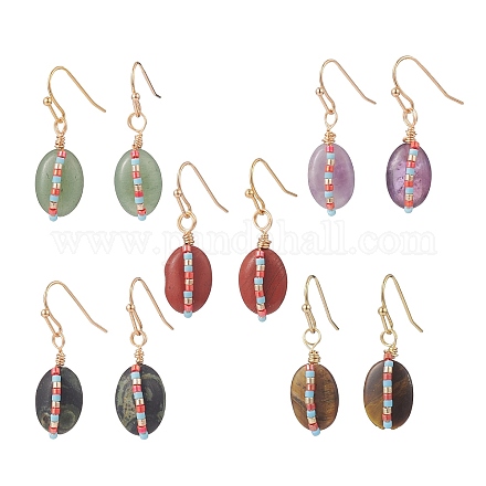 5 par de pendientes colgantes ovalados trenzados con semillas de vidrio y piedras preciosas naturales mixtas de 5 estilos EJEW-JE05119-1