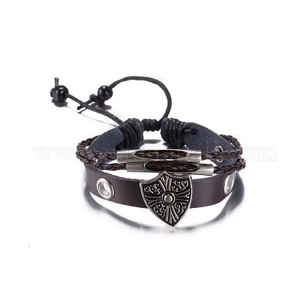 Bouclier rétro réglable avec alliage de zinc croix et bracelets en cuir tressé multi-brins BJEW-BB16031-1