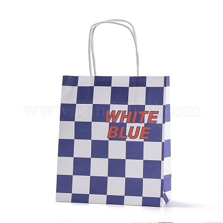 格子縞の紙袋  ハンドル付き  ギフトバッグやショッピングバッグ用  長方形  ダークスレートブルー  18.2x8x20.9cm CARB-Z002-01A-01-1