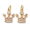 Brass Micro Pave Clear Cubic Zirconia Charms, with Jump Rings, Crown, Golden, 11.5x10x2mm, Hole: 3mm