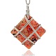 Handmade Foil Glass Big Pendants, Gold Sand and Millefiori, with Platinum Plated Brass Findings, Rhombus Necklace Big Pendants, Orange Red, 63x50x14mm, Hole: 6x8mm