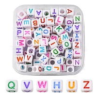 Transparent Pink Acrylic Beads, Horizontal Hole, Mixed Letters, Flat Round  with White Letter, 7x4mm, Hole: 1.5mm, 100pcs/Bag