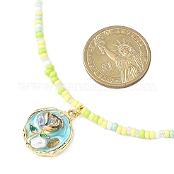 Collane di perline di vetro con ciondolo in lega di smalto a forma di fiore per donna&nbsp;NJEW-JN05550-01