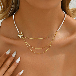Elegante collana in ottone smaltato con farfalla e perle finte a tre strati per donna&nbsp;AF5436-1
