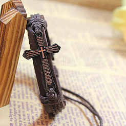 Croix réglable avec mot fer cuir tressé bracelets de cordon&nbsp;BJEW-P0001-02A