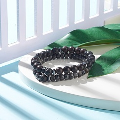 Ensemble de 2 bracelets extensibles en bois naturel et pierres précieuses&nbsp;BJEW-JB07995