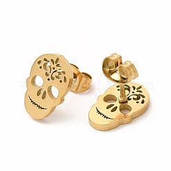 Teschio di halloween con fiore orecchini a bottone in acciaio inossidabile 304 per donna&nbsp;EJEW-B019-05G