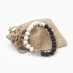 Perles de pierre de lave naturelle et perles de howlite naturelles bracelets extensibles&nbsp;BJEW-JB03851-02