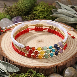 Set di 3 bracciale intrecciato regolabile con perline rotonde in pietre naturali e sintetiche miste&nbsp;ZZ4943-4