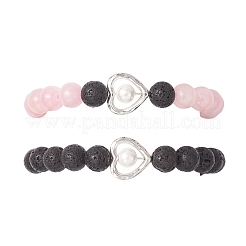 Pulsera elástica de 2 pieza con cuentas redondas naturales de jade mashan rosa y roca volcánica&nbsp;BJEW-JB12879