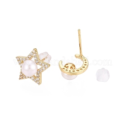 Boucles d'oreilles étoile et lune en laiton micro pavé de zircones cubiques transparentes&nbsp;PEAR-N020-JY03
