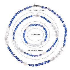 3 Stück natürliche Muschel- und Kunststoffperlen-Blumen- und Glasperlen-Halsketten und Stretch-Armband-Set&nbsp;SJEW-SW00010-03