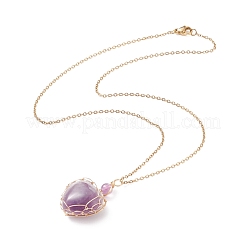 Collares con colgante de corazón de amatista natural envuelto en alambre de cobre&nbsp;NJEW-JN03971-02