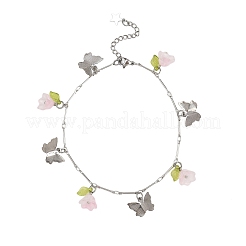 Chaîne de cheville à maillons en laiton avec breloque papillon en acier inoxydable 201 et fleur en verre peinte au pistolet&nbsp;AJEW-AN00736-01
