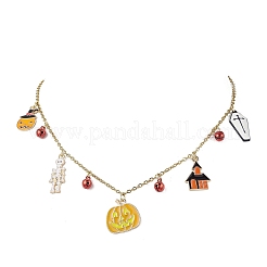 Halloween-Set aus Halskette und Ohrsteckern mit Totenkopfanhänger aus Emaille-Legierung und synthetischem Türkis&nbsp;SJEW-JS01341