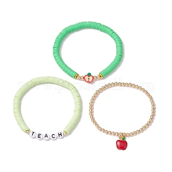 3 Stück 3 Stile Lehrertag Polymer Clay Perlen Stretch-Armband & Legierung Emaille Apfel Charm Armband Set für Frauen&nbsp;BJEW-TA00606
