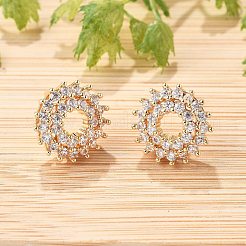 Orecchini a bottone con fiore in ottone micro pavé di zirconi cubici trasparenti per donna&nbsp;EJEW-G428-09G