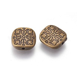 Tibetischer stil legierung perlen, Cadmiumfrei und Nickel frei und Bleifrei, Quadrat mit Blume, Antik Bronze, 10.5x10.5x3.5 mm, Bohrung: 1.5 mm