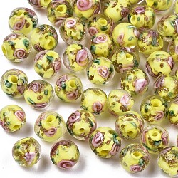Perles vernissées de sable d'or manuelles , fleur intérieure, ronde, jaune, 8x7~8mm, Trou: 1.4mm