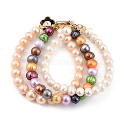 Set di braccialetti di perle d'acqua dolce coltivate naturali, con chiusure a leva in ottone a fiore, oro, colore misto, 7-5/8~7-7/8 pollice((19.5~20 cm), 3 pc / set