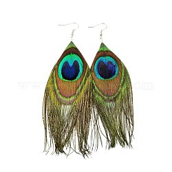 Carnival Jewelry, Mardi Gras Peacock Feather Dangle Earrings, Iron Earring Hooks, Colorful, 100~160x30~60mm