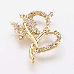 Brass Micro Pave Cubic Zirconia Pendants, Heart with Butterfly, Real 18K Gold Plated, 21.5x19x2.5mm, Hole: 1mm