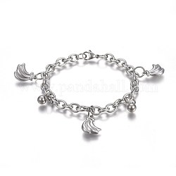 304 Stainless Steel Charm Bracelets, with 201 Stainless Steel Ring, with Lobster Claw Clasps, Round and Banana, Stainless Steel Color, 7-1/2 inch(19cm), Charm: 8.5x6mm and 16x12mm