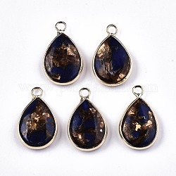 Pendentifs en bronzite synthétique et lapis-lazuli assemblés en éventail, avec boucle en fer et bord en laiton, or clair, 22~23x14x5~6mm, Trou: 2mm