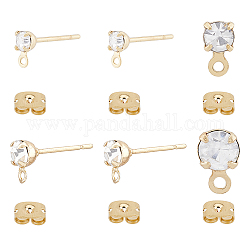SUPERFINDINGS 40Pcs 2 Size Brass Stud Earring Findings, with Clear Cubic Zirconia & Horizontal Loops & 40Pcs Ear Nuts, Real 18K Gold Plated, 5.5~6.5x3~4mm, Hole: 0.8~1mm, Pin: 0.5~0.7mm, 20Pcs/size
