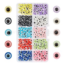 Nbeads Resin Beads, Flat Round with Evil Eye, Mixed Color, 7.5~8x5~5.5mm, Hole: 1.6mm, 10 colors, 40pcs/color, 400pcs/box