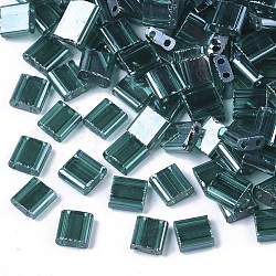 2-Hole Glass Seed Beads, Transparent Colours Luster, Rectangle, Teal, 5x4.5~5.5x2~2.5mm, Hole: 0.5~0.8mm