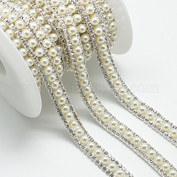 Wedding Dress Decorative Brass Rhinestone Chains, with Spool, with ABS Plastic Imitation Pearl Beads, Rhinestone Cup Chain, Silver Color Plated, 12x7mm, about 5yards/roll