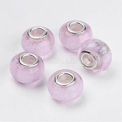 Handmade Silver Foil Glass European Beads, Silver Color Brass Core, Rondelle, Pink, about 14mm wide, 11mm long, hole: 5mm