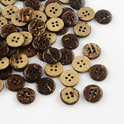 Boutons de noix de coco avec 4-trou, coudre les boutons ronds plats, brun coco, 12.5x2mm, Trou: 1.5mm