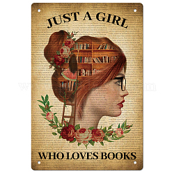 Superdant Just a Girl Who Loves Books Panneau en étain pour fille, bibliothèque à rabat, panneaux en métal vintage, peinture murale amusante, décoration en métal pour chambre de fille, librairie, bibliothèque, maison, clôture, salle extérieure