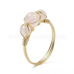 Anillo de dedo con cuentas trenzadas redondas de cuarzo rosa natural, joyería de envoltura de alambre de cobre dorado claro para mujer, diámetro interior: 18 mm