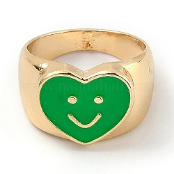 Сплав, эмаль палец кольцо, сердце с улыбающимся лицом, золотой свет, зелёные, размер США 6 (16.5 мм)