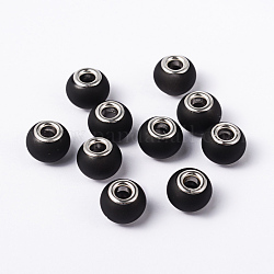 Large Hole Rondelle Rubberized Glass European Beads, with Silver Plated Brass Double Cores, Black, 15x11mm, Hole: 5mm