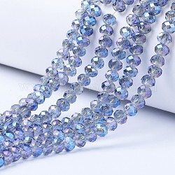 Electroplate transparentes abalorios de vidrio hebras, chapado en arco iris , facetados, rerondana plana, azul aciano, 4x3mm, agujero: 0.4 mm, aproximamente 123~127 pcs / cadena, 16.5~16.9 pulgada (42~43 cm)